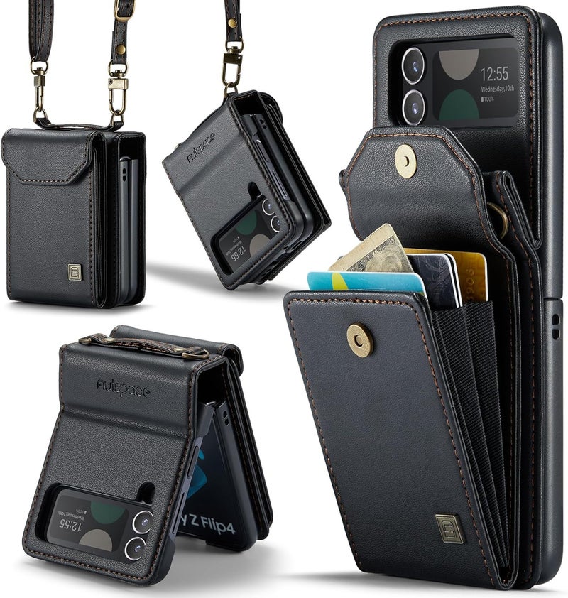 ASAPDOS Crossbody Case Compatible with Samsung Galaxy Z Flip 4,Retro PU Leather Strap Wristlet Flip Case with Magnetic Closure and Card Holder for Men Women Black - Image 1
